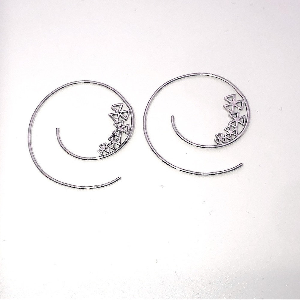 STERLING Silver Geometric Triangle Flower Threader Hoop Earrings 1.3”